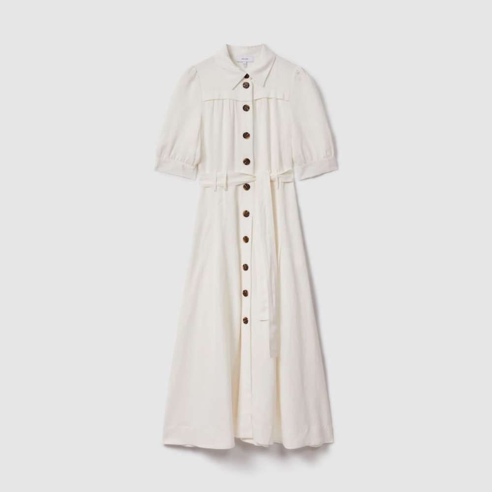 Reiss Malika Belted Cap Sleeve Midi Dress in White Size 4